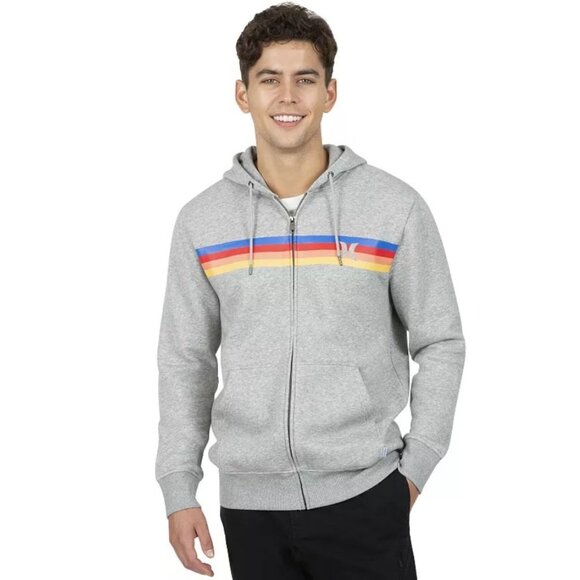 Hurley Mens Full-Zip Hoodie Sweatshirt Jacket Size S Gray Rainbow Stripe Fleece - Picture 1 of 12